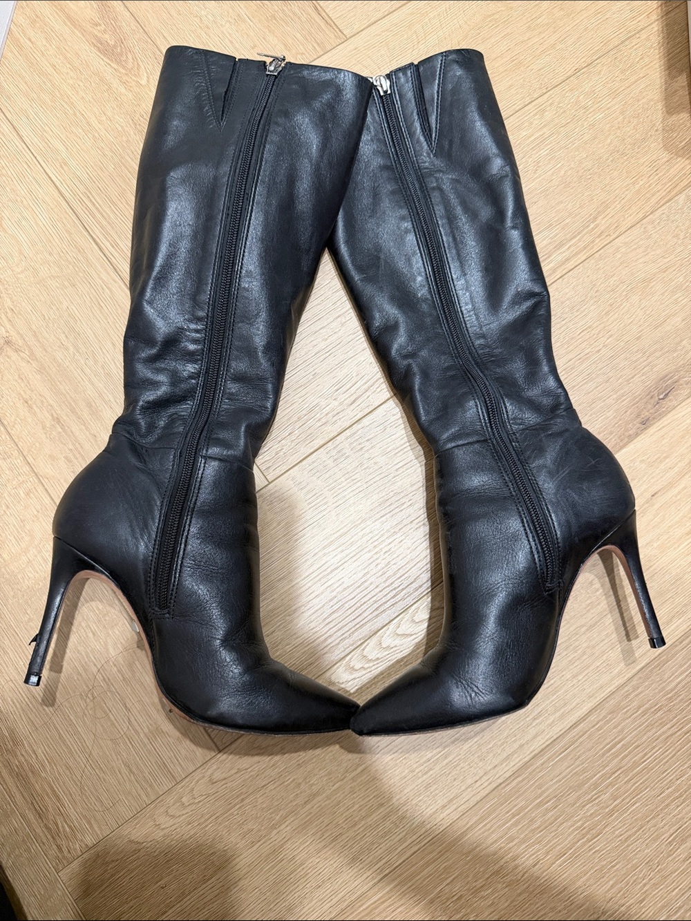 Black Leather Knee-High Stiletto Boots